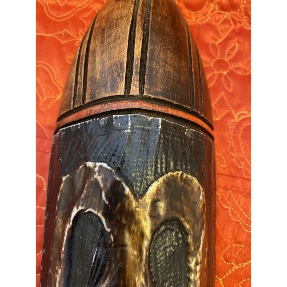 African‎ Tribal Style Wall Face Mask Hand Carved Wood Metal Clad Face Etching